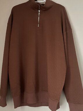 Brown Textured Quarter Zip Pullover Sweatshirt